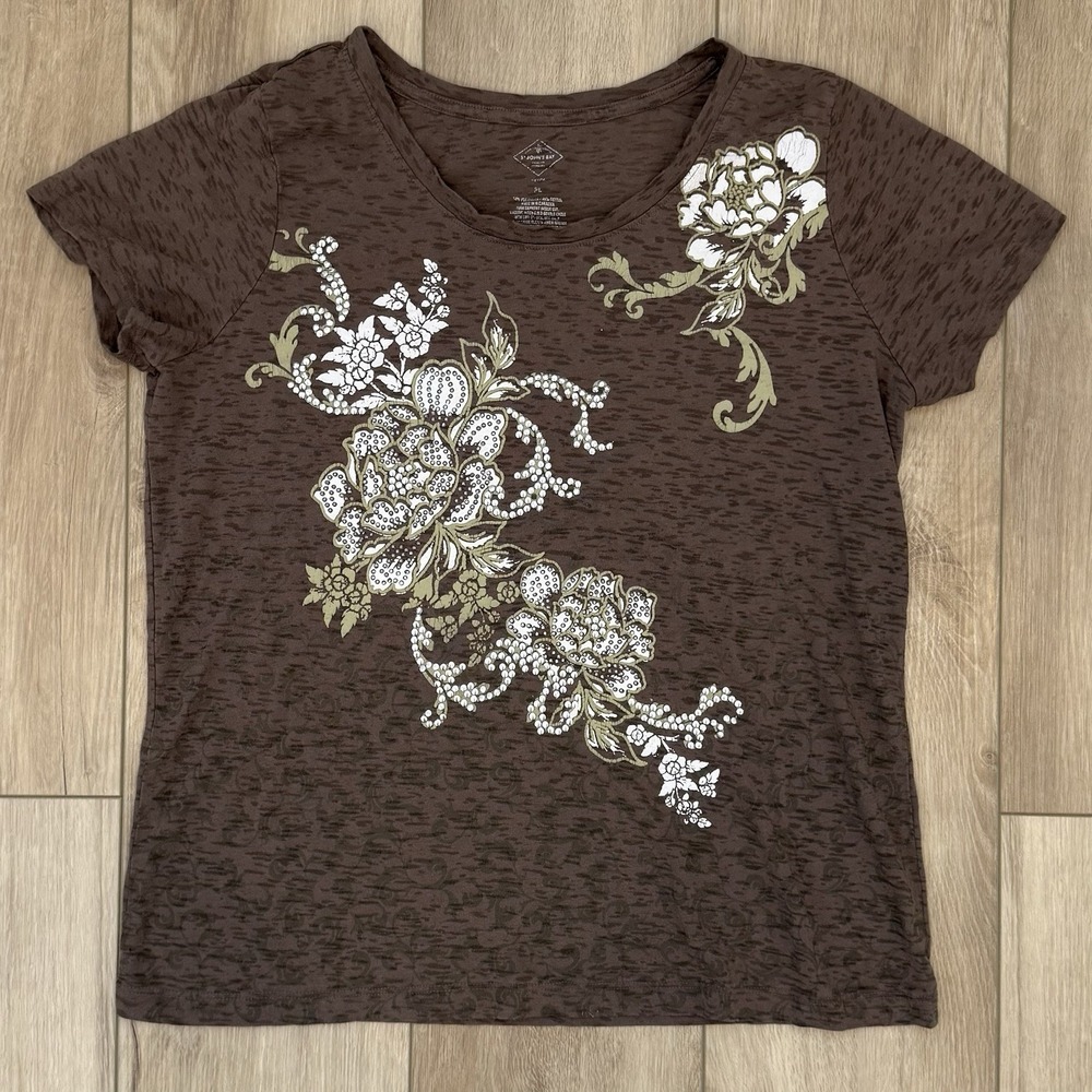 St Johns Bay Brown Floral T-Shirt Round Neck Women's Size Petite Large Y2K Tee